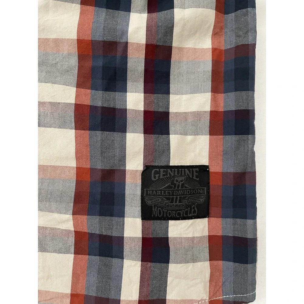 Harley Davidson Motorcycle Patch Button Shirt‎ Blue Beige Plaid HDMC Men's 2XL